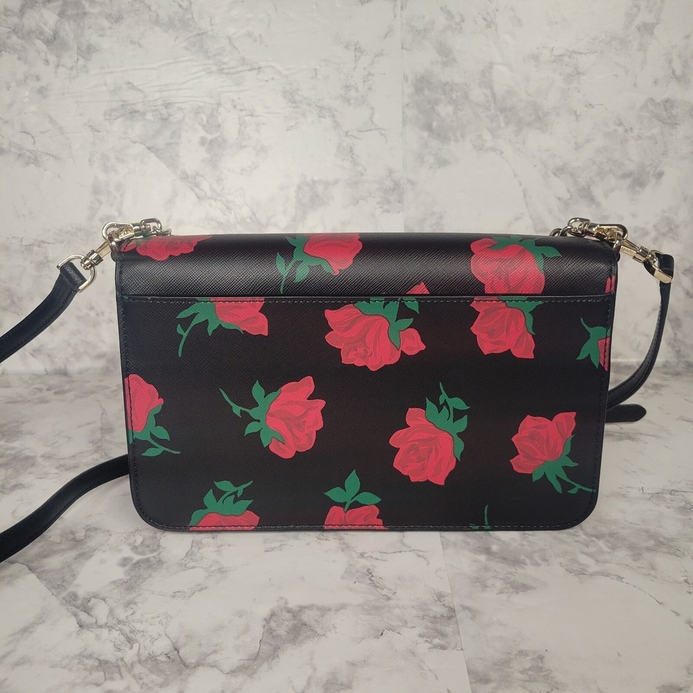 Kate Spade New York Rose Print Saffiano Leather Crossbody Bag Black Red Floral - Picture 5 of 13